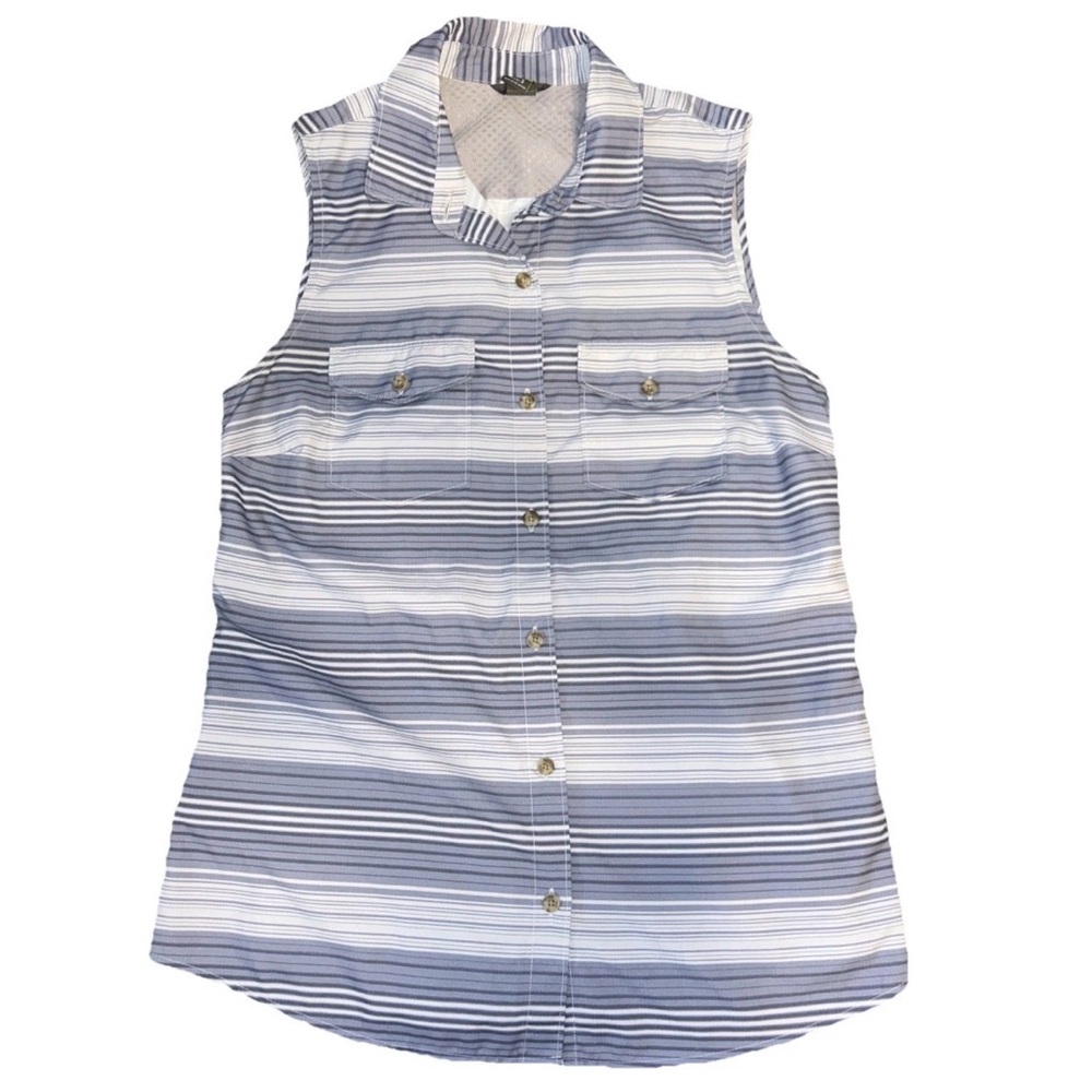 Eddie Bauer women’s hiking tank top blue white stripe ventilated size small